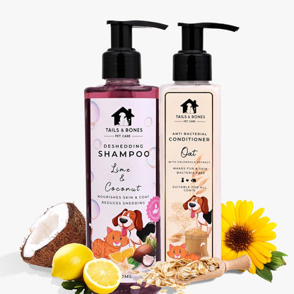 Deshedding Shampoo & Nourishing Conditioner | Lime, Coconut, Oat & Calendula | Combo of 2