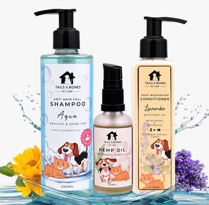 Anti Hair Fall Shampoo,Nourishing Conditioner & Smooth Coat Hemp Oil | Aqua, Calendula, Lavender & Mint Oil