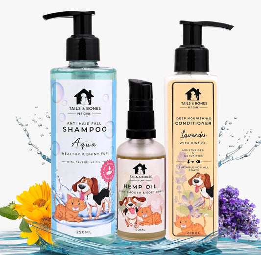 Anti Hair Fall Shampoo,Nourishing Conditioner & Smooth Coat Hemp Oil | Aqua, Calendula, Lavender & Mint Oil